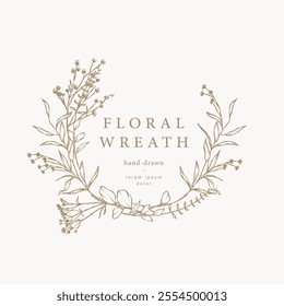 Flower frame. Hand drawn wreath with wild flowers and herbs. Elegant floral logo template. Vector botanical illustration for label, corporate identity, wedding invitation, monogram, emblem