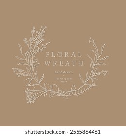 Flower frame. Hand drawn wreath with wild flowers and herbs. Elegant floral logo template. Vector botanical illustration for label, corporate identity, wedding invitation, monogram, emblem