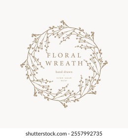 Flower frame. Hand drawn wreath with wild flowers and herbs. Elegant floral logo template. Vector botanical illustration for label, corporate identity, wedding invitation, monogram, emblem