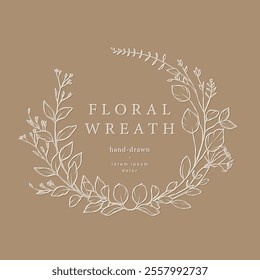 Flower frame. Hand drawn wreath with wild flowers and herbs. Elegant floral logo template. Vector botanical illustration for label, corporate identity, wedding invitation, monogram, emblem