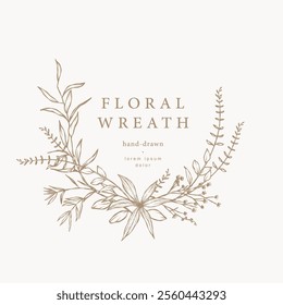 Flower frame. Hand drawn wreath with wild flowers and herbs. Elegant floral logo template. Vector botanical illustration for label, corporate identity, wedding invitation, monogram, emblem