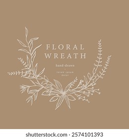 Flower frame. Hand drawn wreath with wild flowers and herbs. Elegant floral logo template. Vector botanical illustration for label, corporate identity, wedding invitation, monogram, emblem