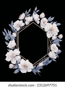 Marco de flores Hexágono de flores cerezos de color blanco para el ornamento de la invitación a la boda.