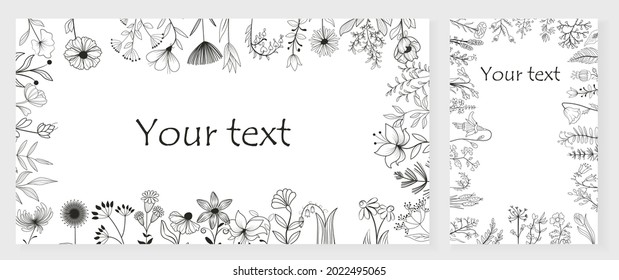 Flower frame invitation cards with grass twigs and branches wreaths. Floral background with a frame of summer leaves, flowers and deciduous plants. Horizontal banner with abstract plants. Flat vector 