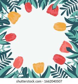 Flower frame isolated on a white background. Cute postcard with tulips and white empty background in . Perfect for wedding invitations and greeting cards.