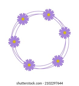 Marco de flor aislado sobre fondo blanco. Correa de la camomila violeta. Ilustración vectorial plana para decoraciones