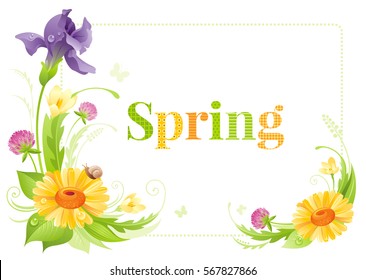 Flower frame isolated white background. Spring summer nature vector illustration. Floral border. Cartoon cute daisy iris clover crocus bouquet. Template flat poster. Text lettering logo greeting card