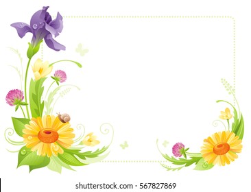 Flower frame isolated white background. Spring summer nature vector illustration. Floral border. Daisy iris clover crocus bouquet. Template poster. Mothers day Birthday Wedding invitation
