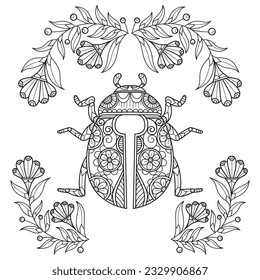 Flower frame and ladybug hand drawn for adult coloring book