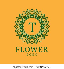 flower frame letter T initial vector logo design
