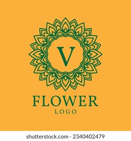 flower frame letter V initial vector logo design