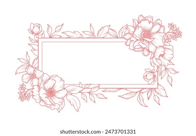 Flower frame in line art style. Background with luxury pink pattern of peonies flowers, branches, leaves on a white background. Vector illustration with drawn elegant vintage botanical elements 