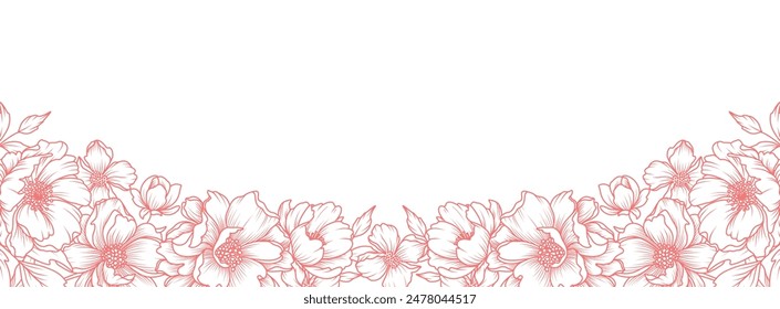 Flower frame in line art style. Border with a luxurious pattern of pink peonies flowers and leaves on a white background. Vector illustration with drawn elegant vintage botanical decorative elements