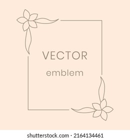 Flower frame. Line botanical emblem with copy space, outline ornamental leaves and flowers with square border, minimal card design, leaf monogram, vector elegant illustration for logotype