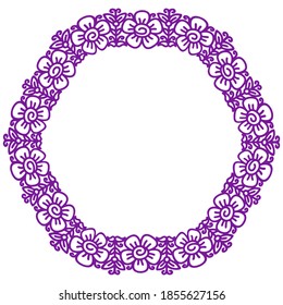 Marco florido en forma de sketch lineal para tiendas de floristería, cosméticos orgánicos, bodas. Emblema plantilla de diseño con espacio de copia para texto, fondo de flores en colores violeta. Vector