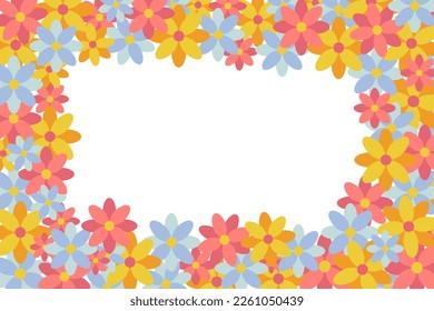 Flower frame made of bright flowers. Multi colored petals. Place for text. Copy space. Rectangular template, horizontal floral border. Vector illustration