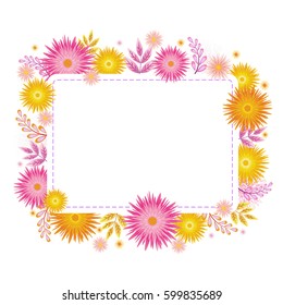 Flower frame made from pink, yellow and gerberas. Spring background in vector with place for text. Element for design, greeting cards, invitations, banners and other purposes. Vector illustration.