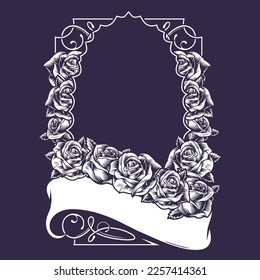 Flower frame monochrome template vintage with elegant petaled rose buds and sinuous fabric signature ribbon vector illustration