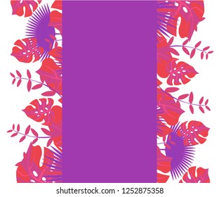 flower frame monstera ufo green, invitation card monstera proton purple, background tropical leaves plastic pink