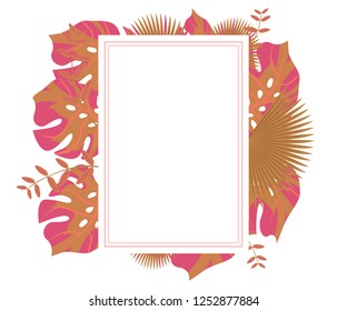 flower frame monstera ufo green, invitation card monstera proton purple, background tropical leaves plastic pink