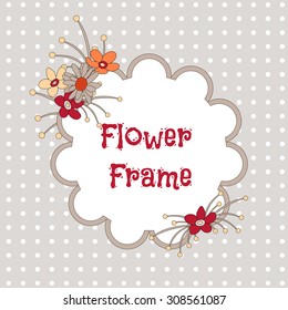 Flower frame on a background with dots. Vector floral frame.  Abstract flowers and leaves