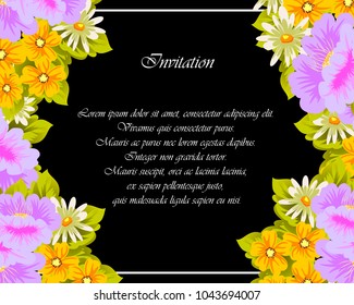 flower frame on black background for your greeting card, invitation, greeting card, birthday, Valentine's day, wedding design. vector illustration.