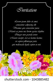 flower frame on black background for your greeting card, invitation, greeting card, birthday, Valentine's day, wedding design. vector illustration.