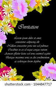 flower frame on black background for your greeting card, invitation, greeting card, birthday, Valentine's day, wedding design. vector illustration.