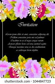 flower frame on black background for your greeting card, invitation, greeting card, birthday, Valentine's day, wedding design. vector illustration.