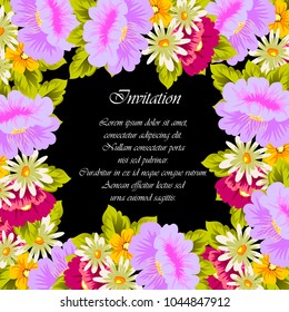 flower frame on black background for your greeting card, invitation, greeting card, birthday, Valentine's day, wedding design. vector illustration.