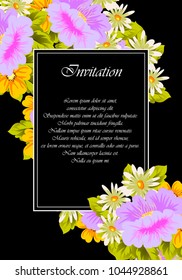 flower frame on black background for your greeting card, invitation, greeting card, birthday, Valentine's day, wedding design. vector illustration.