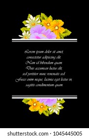 flower frame on black background for your greeting card, invitation, greeting card, birthday, Valentine's day, wedding design. vector illustration.