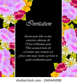 flower frame on black background for your greeting card, invitation, greeting card, birthday, Valentine's day, wedding design. vector illustration.