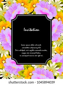 flower frame on black background for your greeting card, invitation, greeting card, birthday, Valentine's day, wedding design. vector illustration.