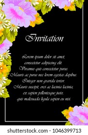 flower frame on black background for your greeting card, invitation, greeting card, birthday, Valentine's day, wedding design. vector illustration.