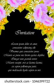 flower frame on black background for your greeting card, invitation, greeting card, birthday, Valentine's day, wedding design. vector illustration.