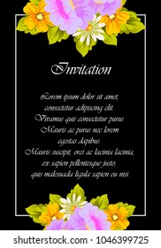 flower frame on black background for your greeting card, invitation, greeting card, birthday, Valentine's day, wedding design. vector illustration.