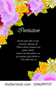 flower frame on black background for your greeting card, invitation, greeting card, birthday, Valentine's day, wedding design. vector illustration.