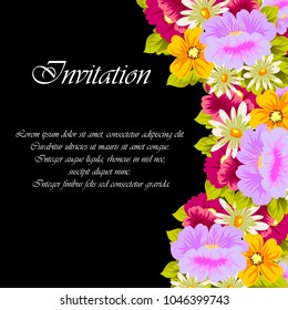 flower frame on black background for your greeting card, invitation, greeting card, birthday, Valentine's day, wedding design. vector illustration.