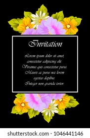 flower frame on black background for your greeting card, invitation, greeting card, birthday, Valentine's day, wedding design. vector illustration.