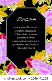 flower frame on black background for your greeting card, invitation, greeting card, birthday, Valentine's day, wedding design. vector illustration.