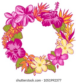 Flower frame on white background. Tropical wreath