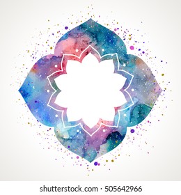 Flower frame in oriental style. Watercolor texture and splash. Colorful blue, purple, pink colors. Vector illustration edited