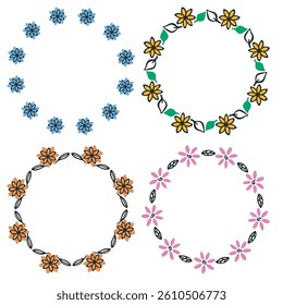 Flower Frame outline circle, cute floral wreath, doodle art style design border. Hand drawn blob brush stroke, black sketch line plant leaves element. Empty text space. Colorful vector illustration