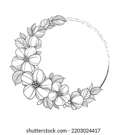 Flower Frame Outline Double Round. Floral Circle Border Botanical Line Art Drawing Style.