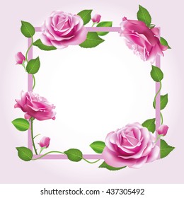 Flower frame with pink roses. Vector border for your design. 