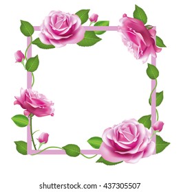 Flower frame with pink roses. Vector border for your design. 