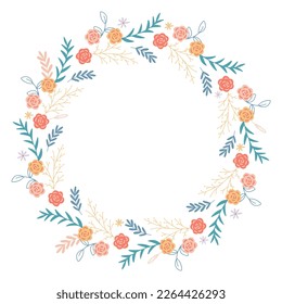 Flower frame for postcards or invitation. Spring and summer flowers and herbs of circular rim. Delicate floral wreath. Empty template with copy spice, vector Illustration