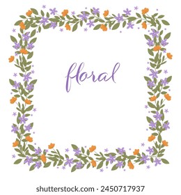 Flower frame for print design. Abstract purple and orange flowers. Vector vintage card. Hand drawn style. Thank you title. Square frame. Design for invitation, wedding or greeting cards.