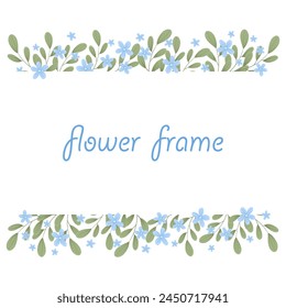 Flower frame for print design. Abstract blue flowers and leaves. Vector vintage card. Hand drawn illustration. Thank you title. Square frame. Design for invitation, wedding or greeting cards.